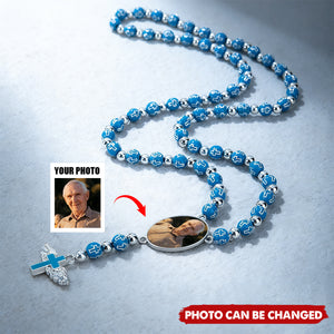 Angel Wings Cross Pendant Personalized Photo Beaded Necklace - Memorial Prayer Religious Gift for Family Christian