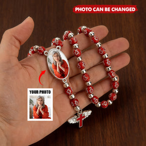 Angel Wings Cross Pendant Personalized Photo Beaded Necklace - Memorial Prayer Religious Gift for Family Christian