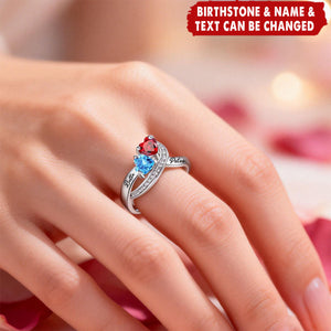 Personalized Engraved Heart Birthstone Ring - Promise Wedding Anniversary Gift for Couple