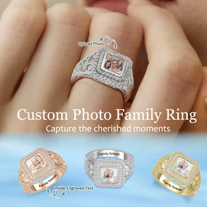 Custom Square Shaped Photo Engraved Name Luxury Personalized Ring, Gift For Family