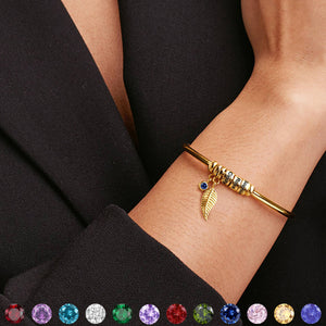 Custom Bead Name With Birthstone Leaf Charm Personalized Open Bangle Bracelet