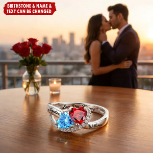 Personalized Engraved Heart Birthstone Ring - Promise Wedding Anniversary Gift for Couple