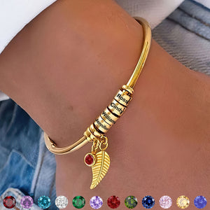 Custom Bead Name With Birthstone Leaf Charm Personalized Open Bangle Bracelet