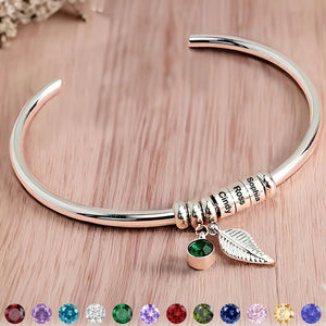 Custom Bead Name With Birthstone Leaf Charm Personalized Open Bangle Bracelet