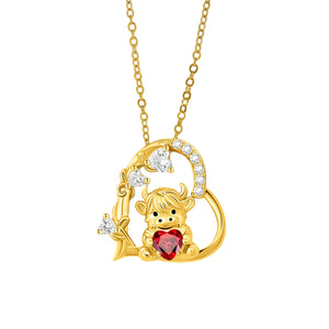 Highland Cow Hugging Birthday Love - Personalized Heart Pendant Birthstone Necklace