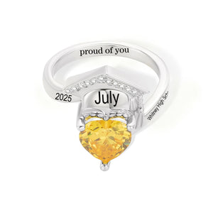 Graduation Cap Heart Birthstone Engraved Name Text Personalized Ring, Gift for Women Graduates