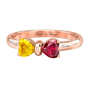 Adorable Bow Custom Heart Birthstone Personalized Ring, Gift For Couple