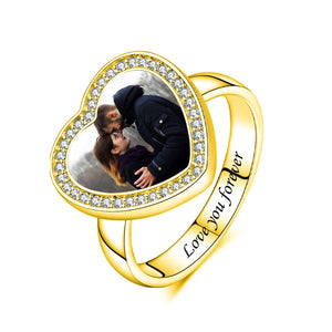Heart Shaped Custom Photo Engraved Text Personalized Ring, Gift For Family
