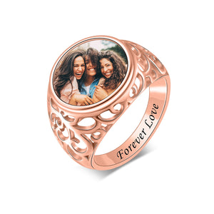 Round Shaped Custom Photo Engraved Text Personalized Ring, Gift For Family