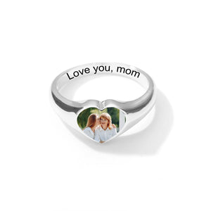 Custom Heart Shaped Photo Engraved Text Personalized Ring, Gift For Couple, Mom/Grandma