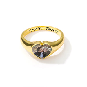 Custom Heart Shaped Photo Engraved Text Personalized Ring, Gift For Couple, Mom/Grandma