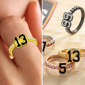 Personalised Sports Number Birthstone Ring with Engraved Text Basketball Baseball Ring Gift for Sport Lovers