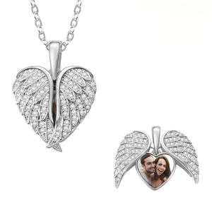 Personalized Cubic Zircon Heart Shape Angel Wing Photo Locket Necklace Anniversary Birthday Gift for Women
