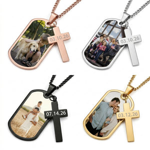 Personalized Photo Cross Engraved Dog Tag Necklace - Father's Day Anniversary Birthday Gift for Men