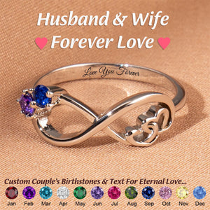 Infinity Double Heart Custom Birthstones Engraved Text Personalized Ring, Gift For Mom Grandma Couple