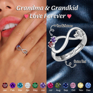 Infinity Double Heart Custom Birthstones Engraved Text Personalized Ring, Gift For Mom Grandma Couple