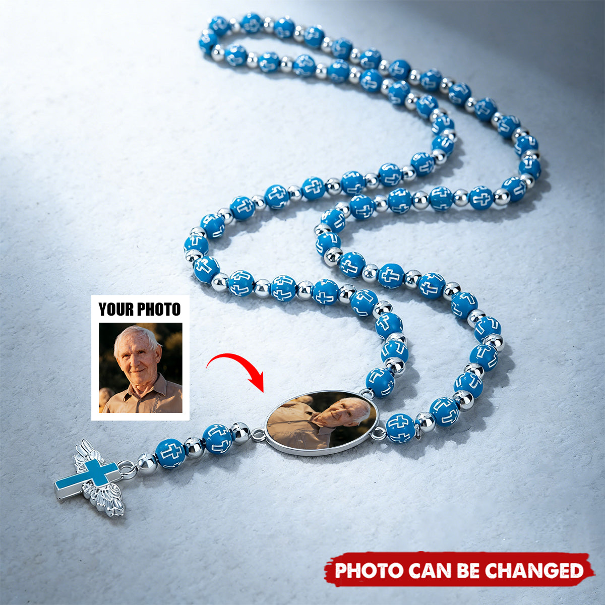 Angel Wings Cross Pendant Personalized Photo Beaded Necklace - Memorial Prayer Religious Gift for Family Christian