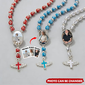Angel Wings Cross Pendant Personalized Photo Beaded Necklace - Memorial Prayer Religious Gift for Family Christian