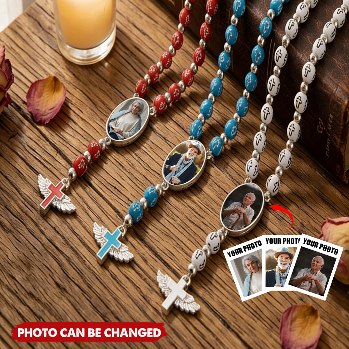 Angel Wings Cross Pendant Personalized Photo Beaded Necklace - Memorial Prayer Religious Gift for Family Christian