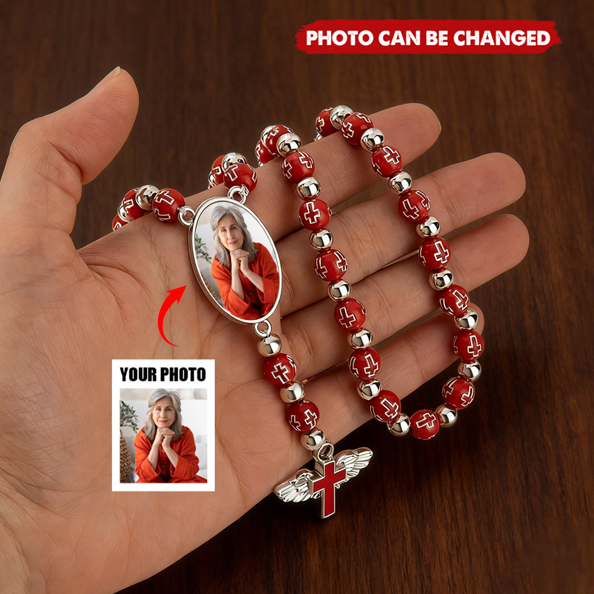 Angel Wings Cross Pendant Personalized Photo Beaded Necklace - Memorial Prayer Religious Gift for Family Christian