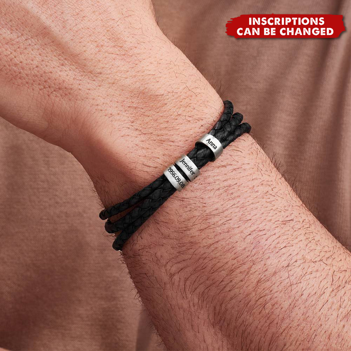 Custom Inscriptions Engraved Beads - Personalized Braided Leather Bracelet