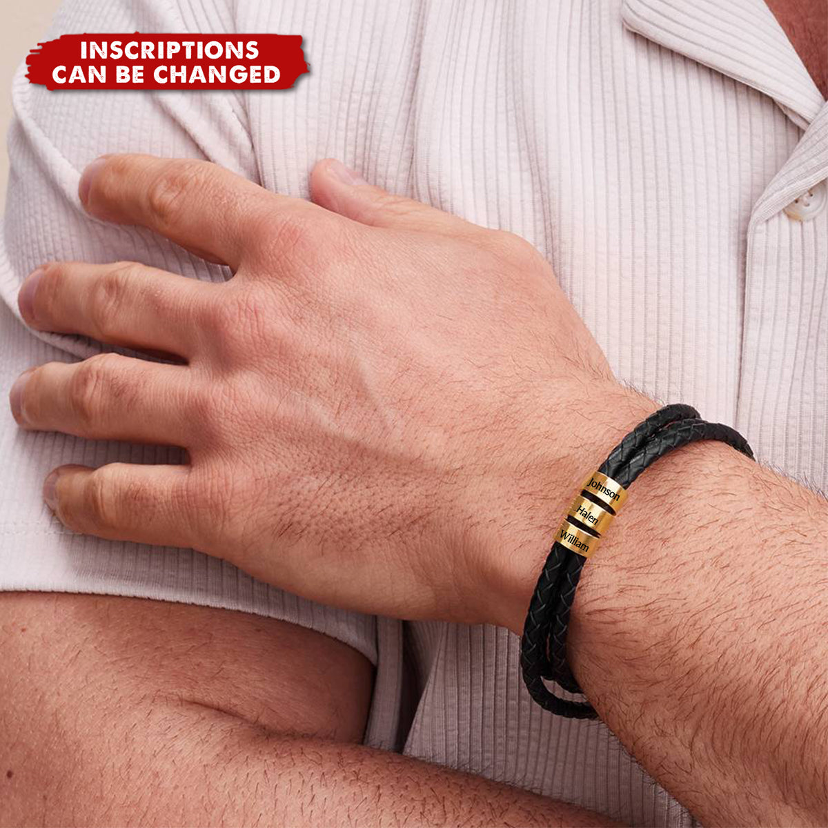 Custom Inscriptions Engraved Beads - Personalized Braided Leather Bracelet