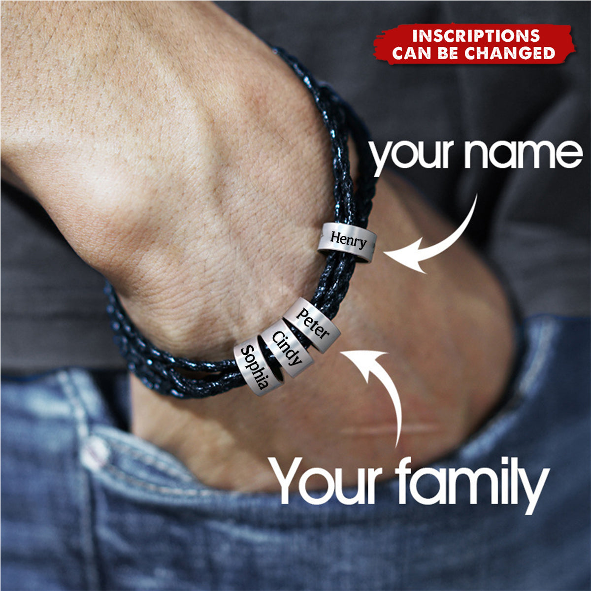 Custom Inscriptions Engraved Beads - Personalized Braided Leather Bracelet