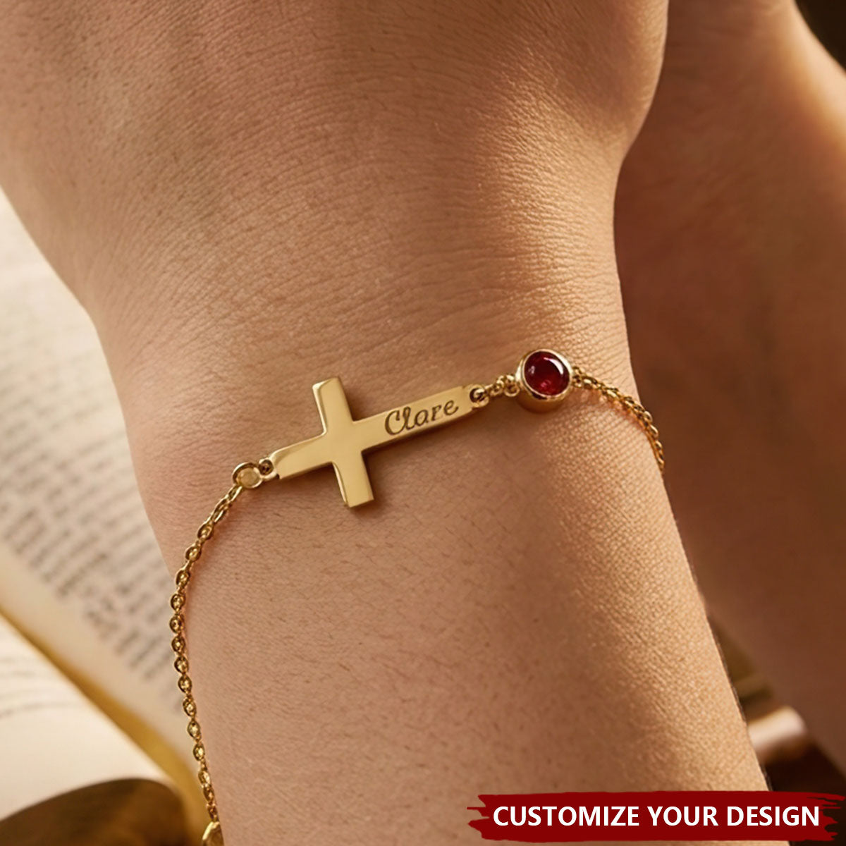Cross Name Bracelet With Birthstone - Personalized Cross Bracelet