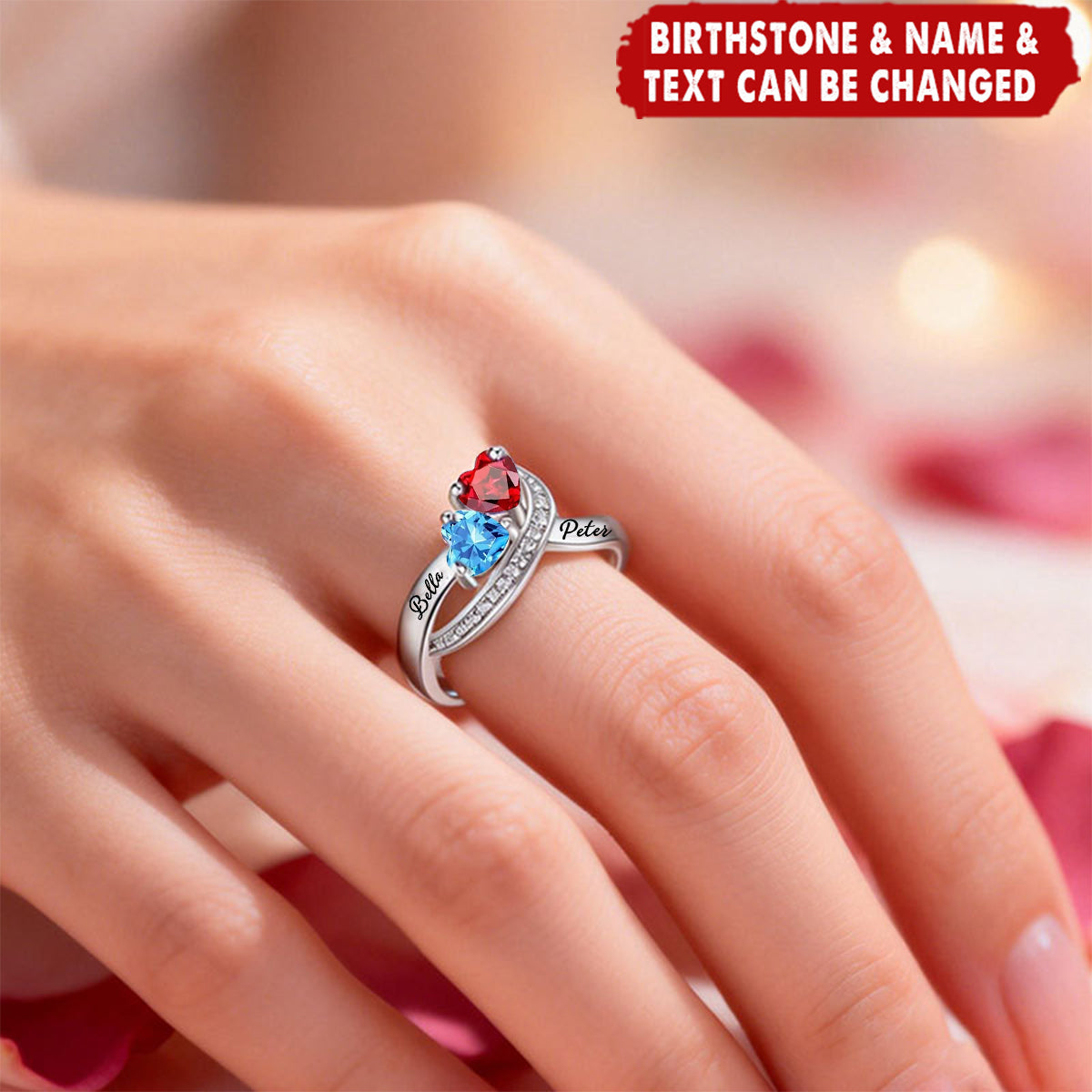 Personalized Engraved Heart Birthstone Ring - Promise Wedding Anniversary Gift for Couple