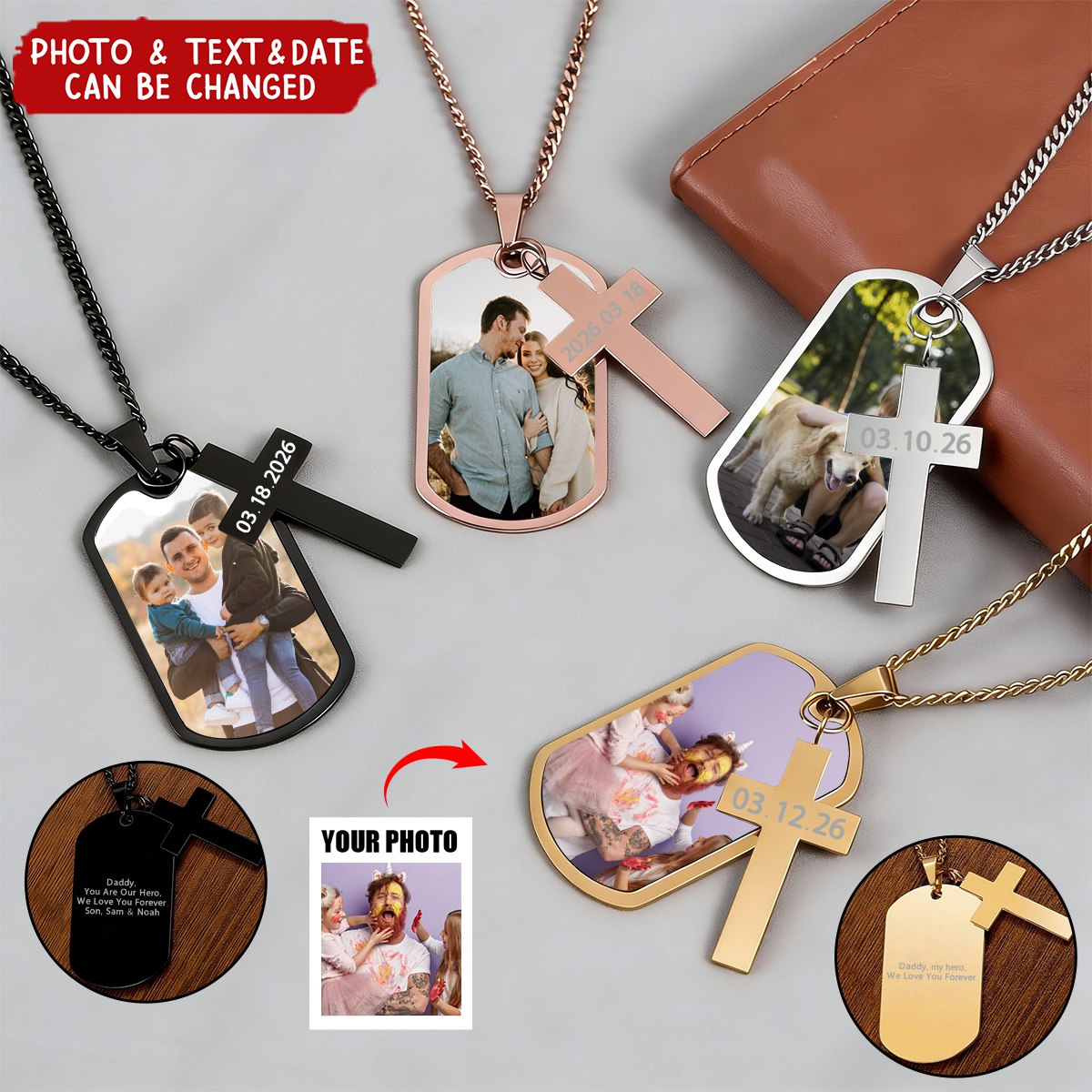 Personalized Photo Cross Engraved Dog Tag Necklace - Father's Day Anniversary Birthday Gift for Men