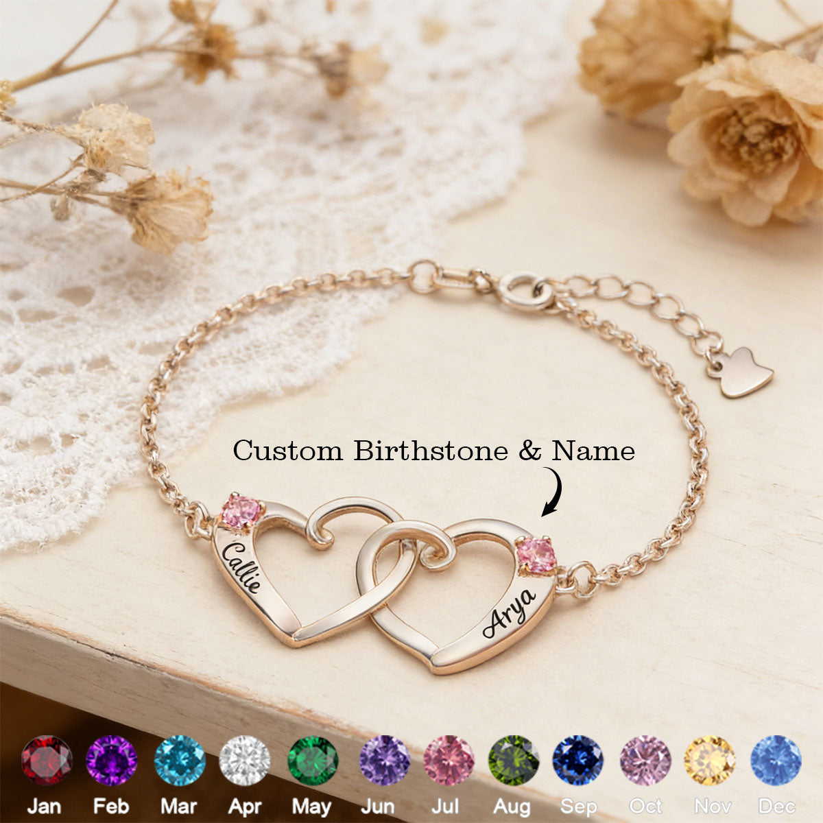 Double Birthstone Heart - Personalised Birthstone Beautiful Bracelet