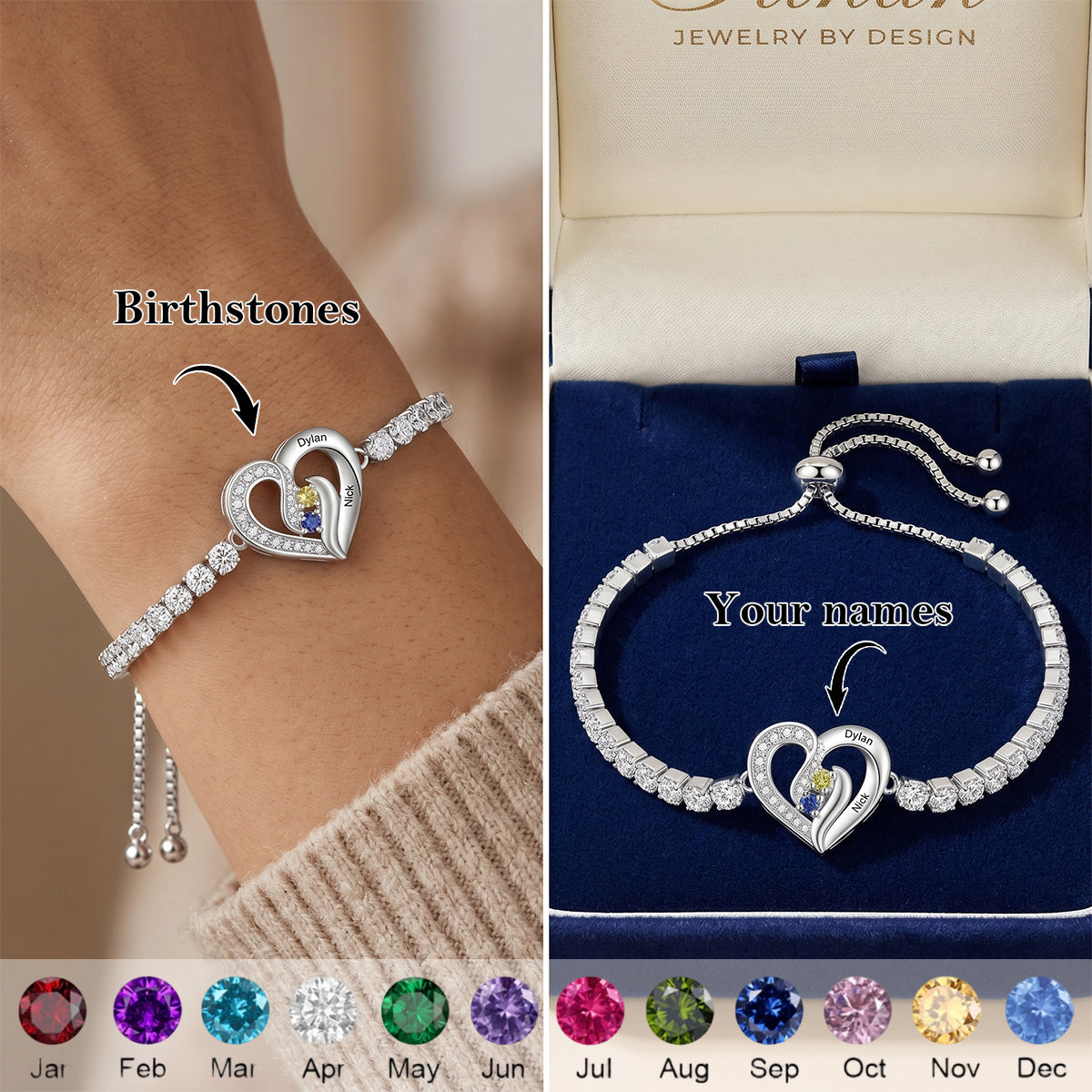 Mom’s Eternal Love - Personalized 2–5 Names Diamond Heart Birthstone Tennis Bracelet