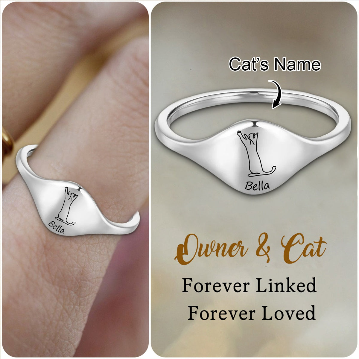 Cute Engraved Cat Silhouette Ring with Name - Personalized Birthday Memorial Ring