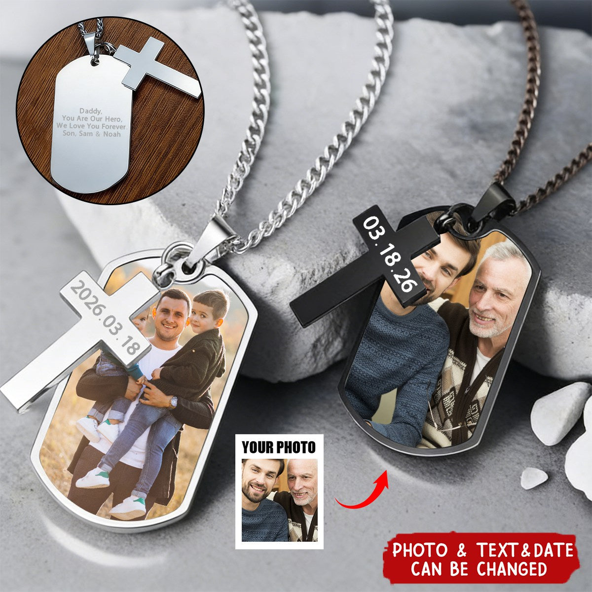 Personalized Photo Cross Engraved Dog Tag Necklace - Father's Day Anniversary Birthday Gift for Men