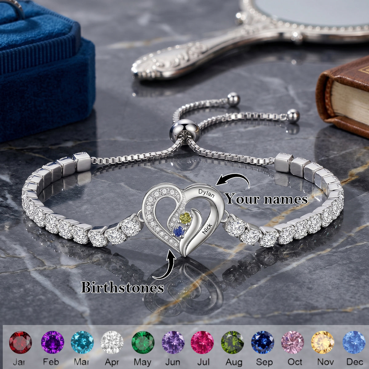 Mom’s Eternal Love - Personalized 2–5 Names Diamond Heart Birthstone Tennis Bracelet