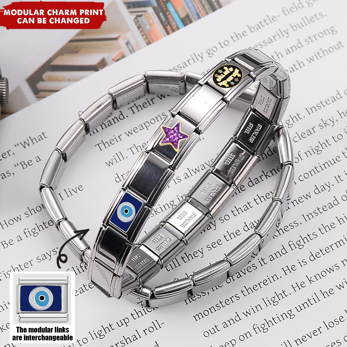 Custom Elastic Interlocking Stainless Steel Italian Modular Charm Link Bracelet