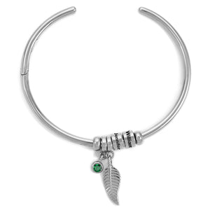 Custom Bead Name With Birthstone Leaf Charm Personalized Open Bangle Bracelet