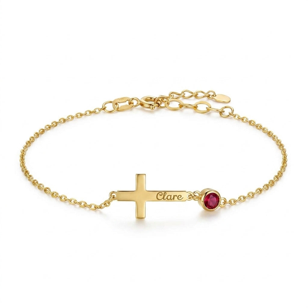 Cross Name Bracelet With Birthstone - Personalized Cross Bracelet