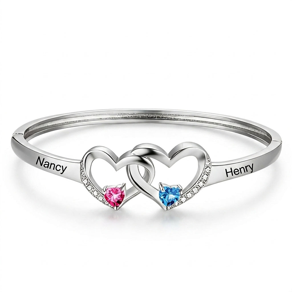 Personalized Double Heart Birthstone Bangle for Women, Custom Name Engraved