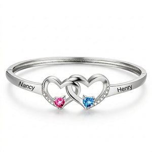 Personalized Double Heart Birthstone Bangle for Women, Custom Name Engraved