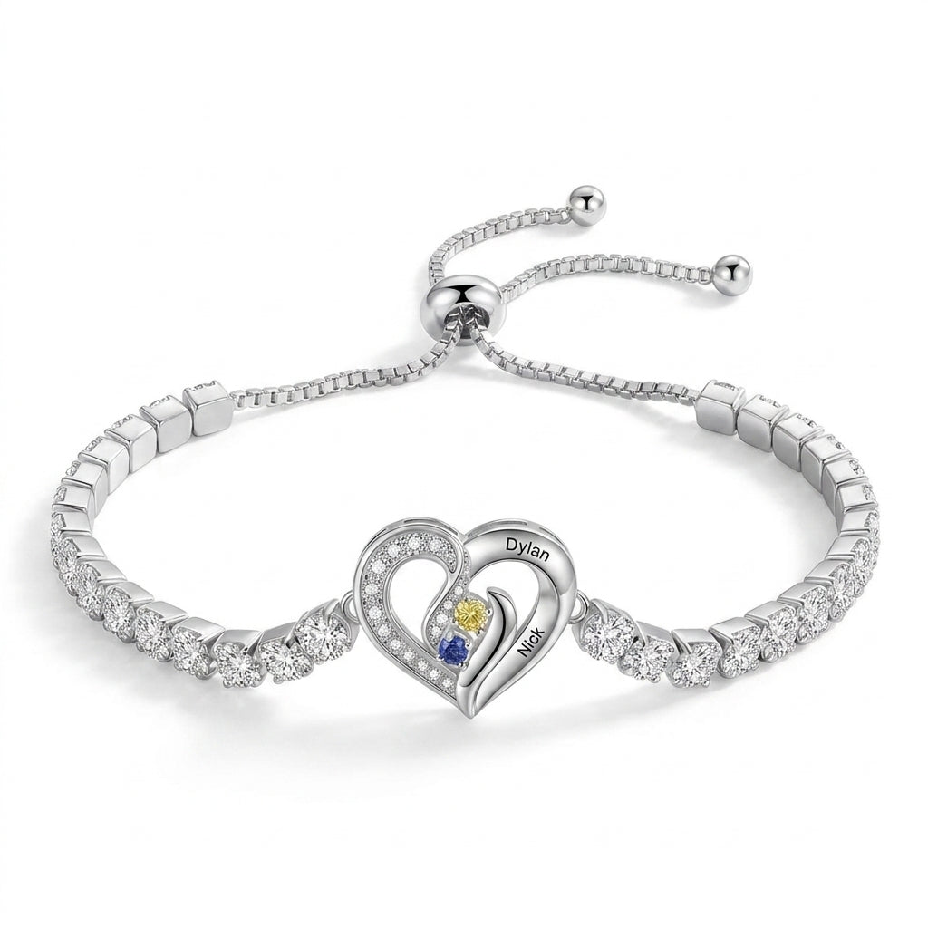 Mom’s Eternal Love - Personalized 2–5 Names Diamond Heart Birthstone Tennis Bracelet