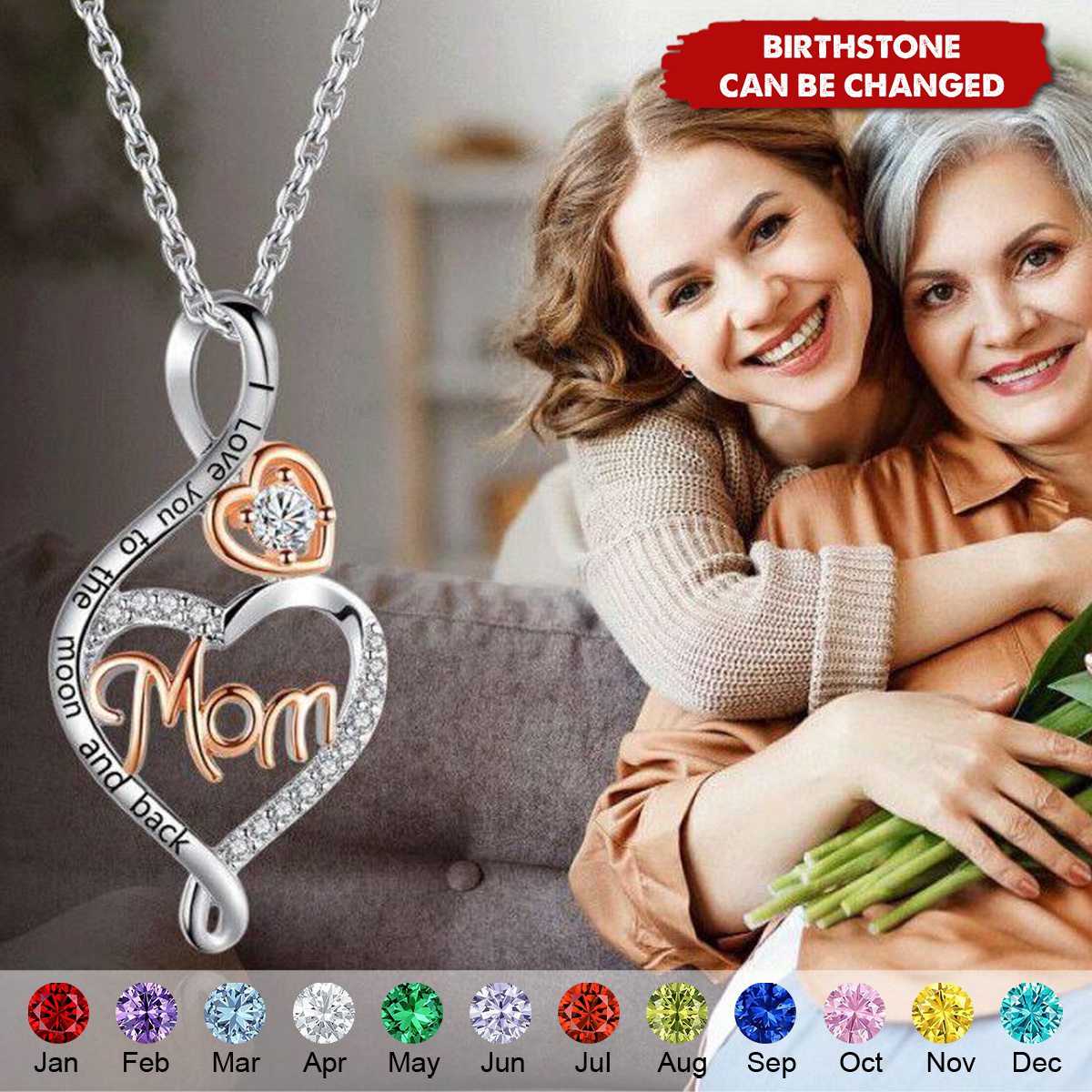 I Love You to The Moon and Back Heart Pendant Personalized Birthstone Necklace