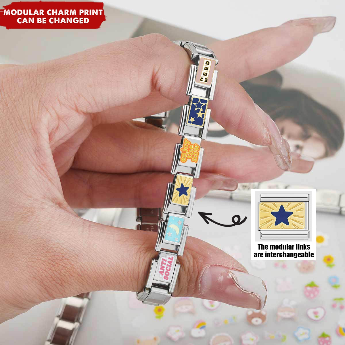 Custom Elastic Interlocking Stainless Steel Italian Modular Charm Link Bracelet