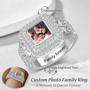 Custom Square Shaped Photo Engraved Name Luxury Personalized Ring, Gift For Family