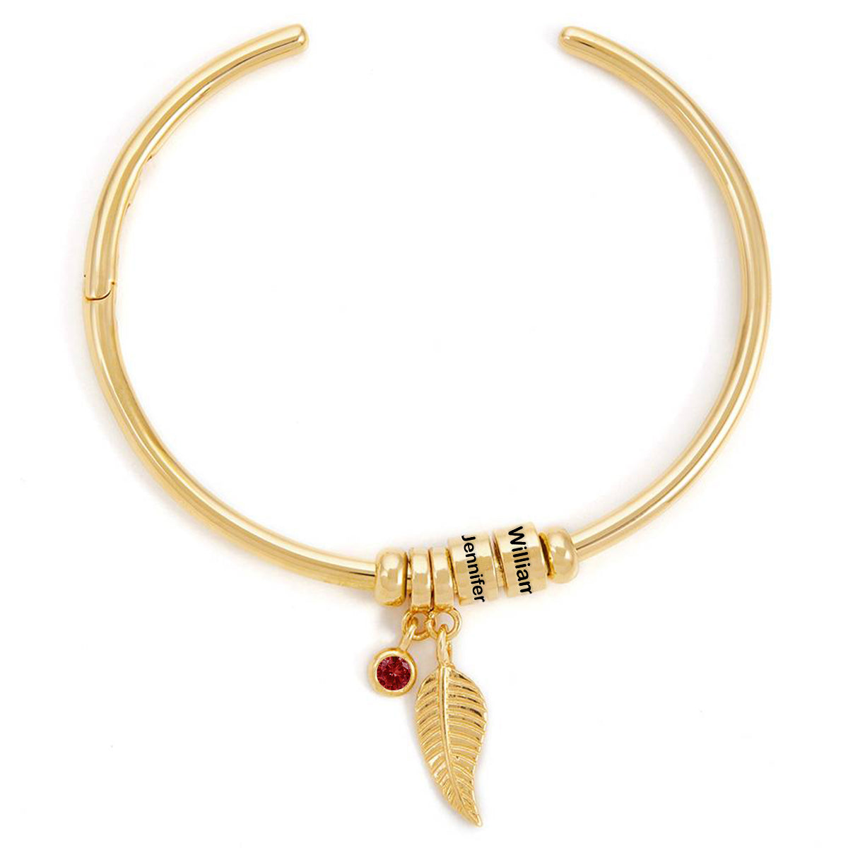 Custom Bead Name With Birthstone Leaf Charm Personalized Open Bangle Bracelet