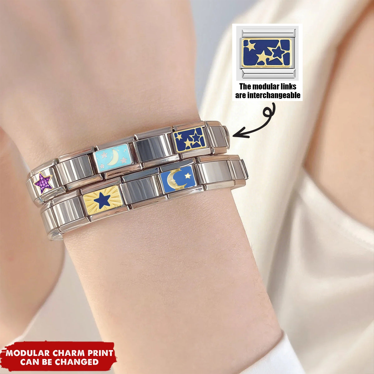 Custom Elastic Interlocking Stainless Steel Italian Modular Charm Link Bracelet