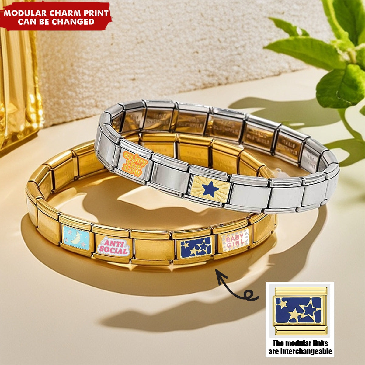 Custom Elastic Interlocking Stainless Steel Italian Modular Charm Link Bracelet