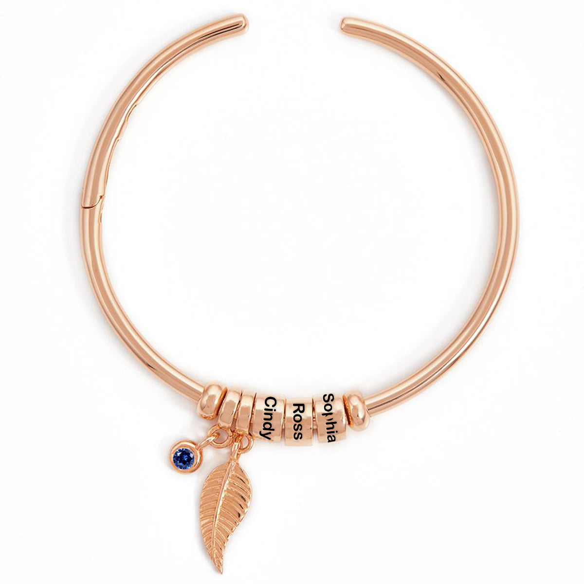 Custom Bead Name With Birthstone Leaf Charm Personalized Open Bangle Bracelet