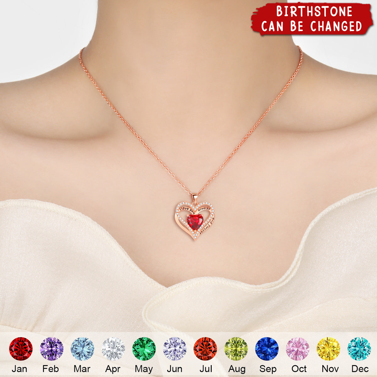 Forever Love Heart Gemstone Pendant Personalized Birthstone Necklace