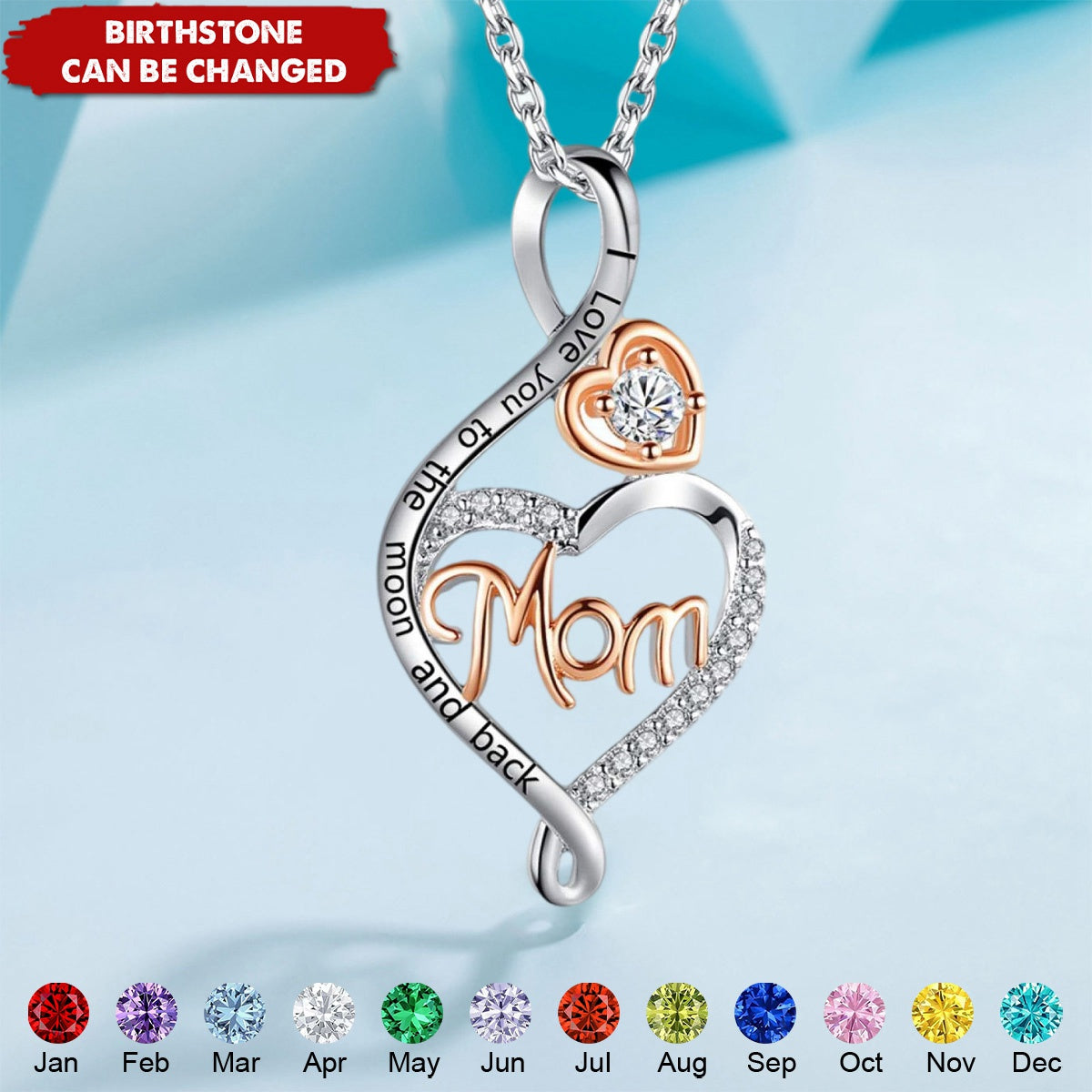 I Love You to The Moon and Back Heart Pendant Personalized Birthstone Necklace